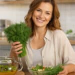 Kôpor účinky, žena v kuchyni drží zväzok kôpru