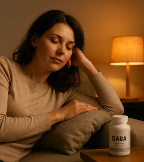 Žena po 35-ke odpočíva pri tlmenom svetle – relax a podpora spánku pomocou GABA.