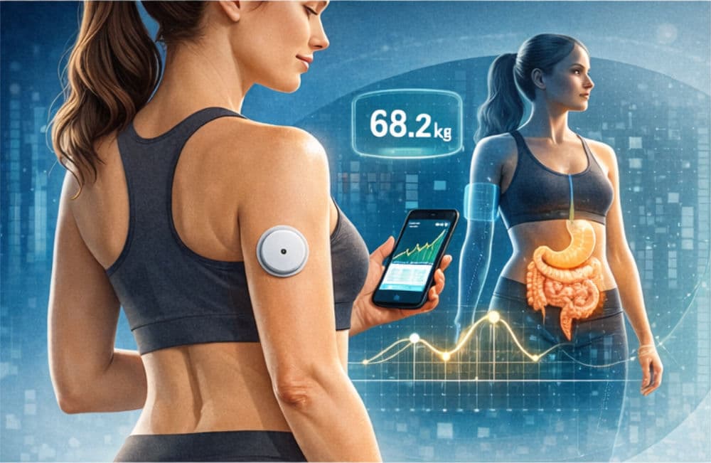 Žena vo fitness úbore má na ruke CGM sensor a kontroluje si údaje z aplikácie na mobile