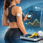 Mladá žena vo fitness úbore má ontinuálny glukózový senzor na chudnutie