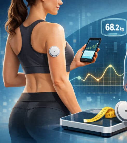 Mladá žena vo fitness úbore má ontinuálny glukózový senzor na chudnutie