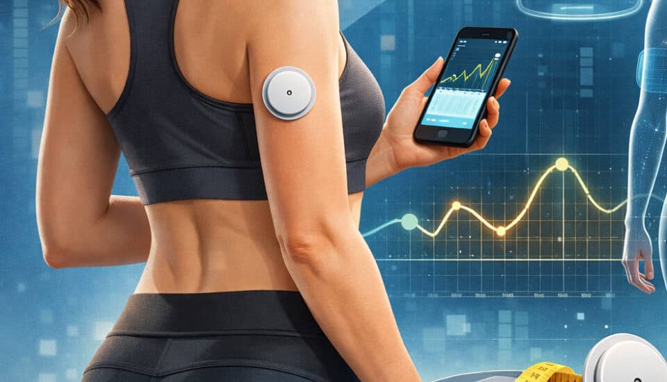 Mladá žena vo fitness úbore má ontinuálny glukózový senzor na chudnutie