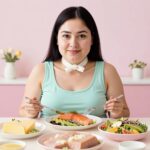 Keto diéta jedálniček, žena sediaca za stolom, keto jedlo