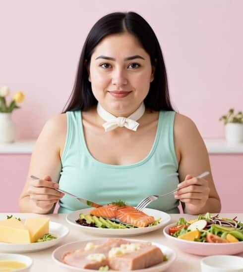 Keto diéta jedálniček, žena sediaca za stolom, keto jedlo