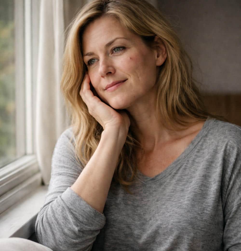 Žena s pupákom pri one, zmierená so situáciou (Čo pomáha na akné – Domáce recepty na akné)